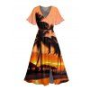 Beach Couple Outfit Sunset Coconut Tree Print Slit Midi Dress and Shirt Vacation Set - Orange S | US 4