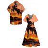 Beach Couple Outfit Sunset Coconut Tree Print Slit Midi Dress and Shirt Vacation Set - Orange S | US 4