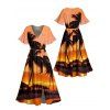 Beach Couple Outfit Sunset Coconut Tree Print Slit Midi Dress and Shirt Vacation Set - Orange S | US 4