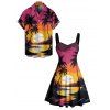 Vacation Couple Outfit for Beach Coconut Tree Sunset Print Dress and Shirt Set - Rouge S | US 4