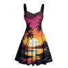 Vacation Couple Outfit for Beach Coconut Tree Sunset Print Dress and Shirt Set - Rouge S | US 4