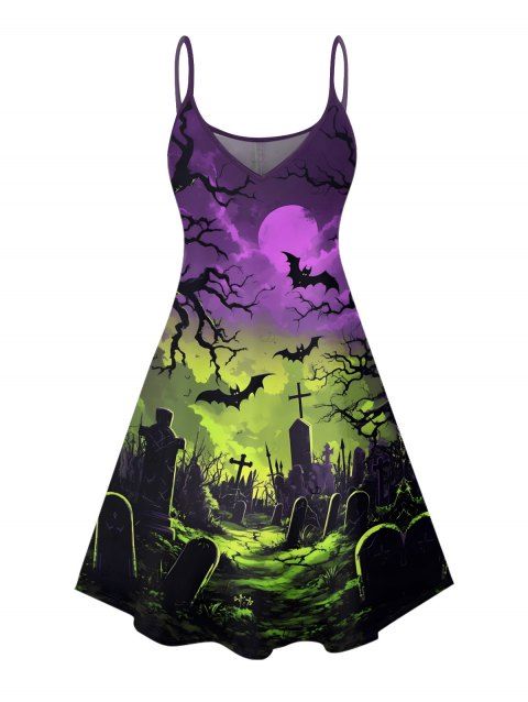 Robe gothique pour Halloween, mini-robe à bretelles spaghetti imprimée chauve-souris ombrée
