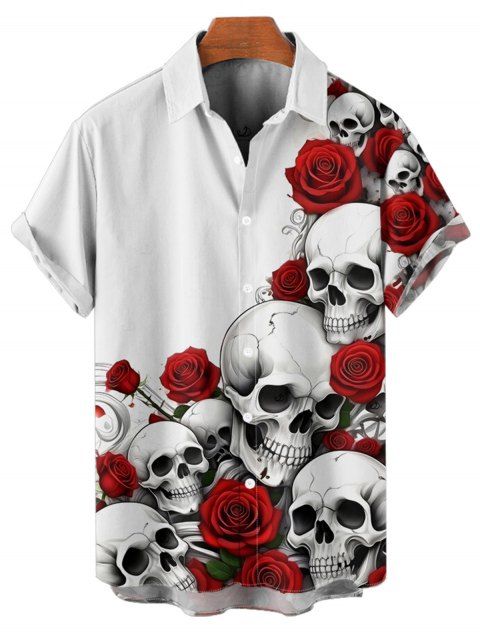 Chemise gothique boutonnée pour homme avec imprimé tête de mort et roses pour Halloween