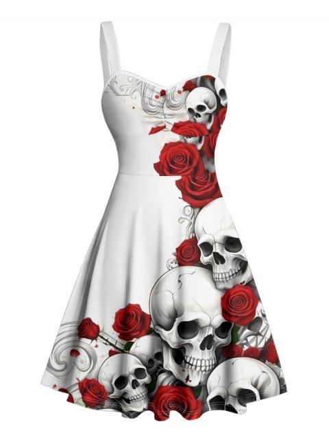 Robe gothique mini à imprimé tête de mort et rose, buste froncé, pour Halloween
