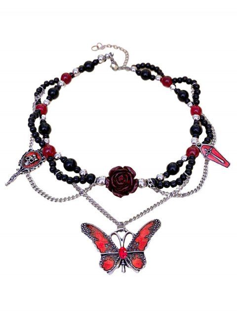 Collier gothique perlé avec pendentif en forme de croix, de papillon, de rose et de crâne, style punk, pour Halloween