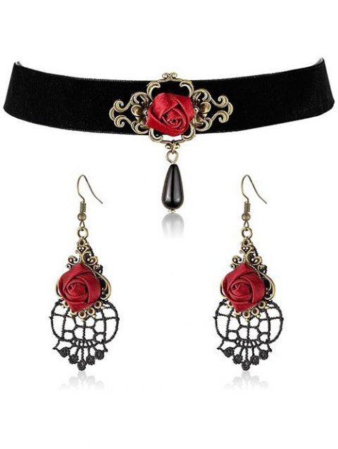 Ensemble de boucles d'oreilles rétro en dentelle ajourée avec ras du cou et rose gothique