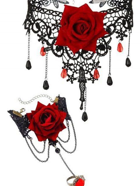 Ensemble ras du cou et bracelet gothique vintage en dentelle rose ajourée avec anneau