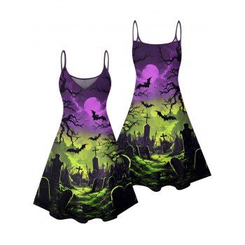 Gothic Dress for Halloween Ombre Bat Printed Spaghetti Strap Mini Dress
