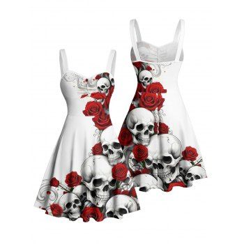 Gothic Dress Rose Skull Print Ruched Bust Mini Dress for Halloween