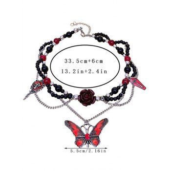 Gothic Beaded Rose Butterfly Skull Cross Chain Details Punk Necklace for Halloween