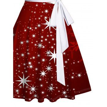 Christmas Belted Mini Dress Sparkling Star Snowflake Print Sweetheart Neckline Ruched Dress