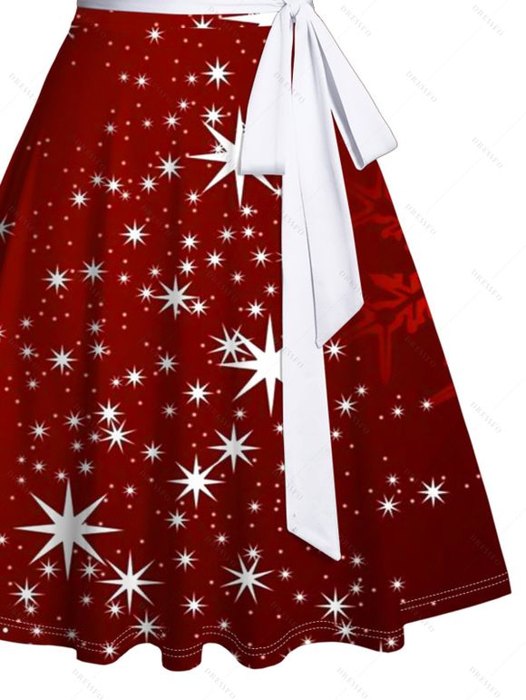 Mini Robe Etoile Brillante Ceinturée Flocon de Neige Imprimé à Col en Forme de Cœur - Rouge foncé S | US 4