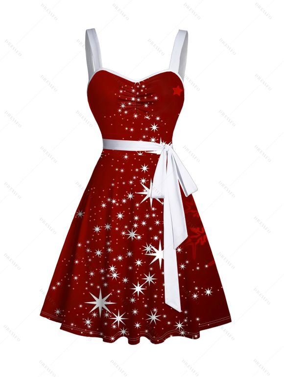 Mini Robe Etoile Brillante Ceinturée Flocon de Neige Imprimé à Col en Forme de Cœur - Rouge foncé S | US 4