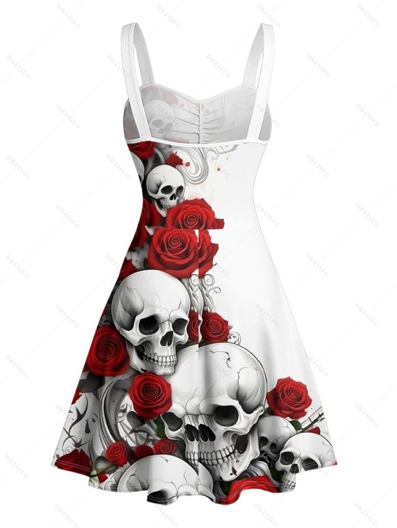 Robe gothique mini à imprimé tête de mort et rose, buste froncé, pour Halloween - Blanc XXXXL | US 18