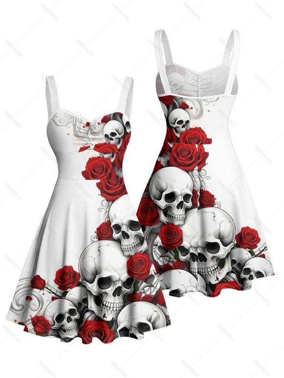 Robe gothique mini à imprimé tête de mort et rose, buste froncé, pour Halloween - Blanc XXXXL | US 18