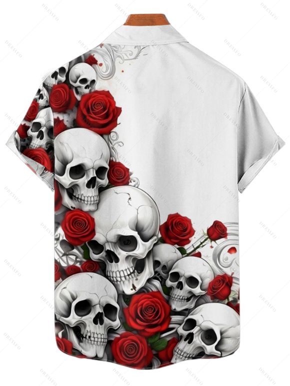 Chemise gothique boutonnée pour homme avec imprimé tête de mort et roses pour Halloween - Blanc 4XL