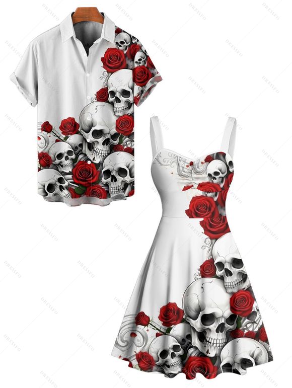 Gothic Couple Outfit for Halloween Rose Skull Print Ruched Mini Dress and Shirt Set - Blanc S | US 4