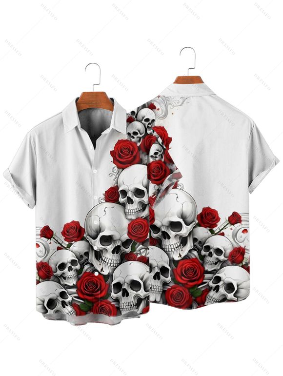 Chemise gothique boutonnée pour homme avec imprimé tête de mort et roses pour Halloween - Blanc 4XL