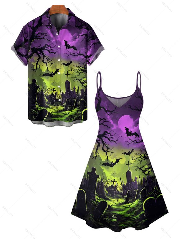 Gothic Couple Outfit for Halloween Ombre Bat Printed Mini Dress and Shirt Set - multicolor S | US 4