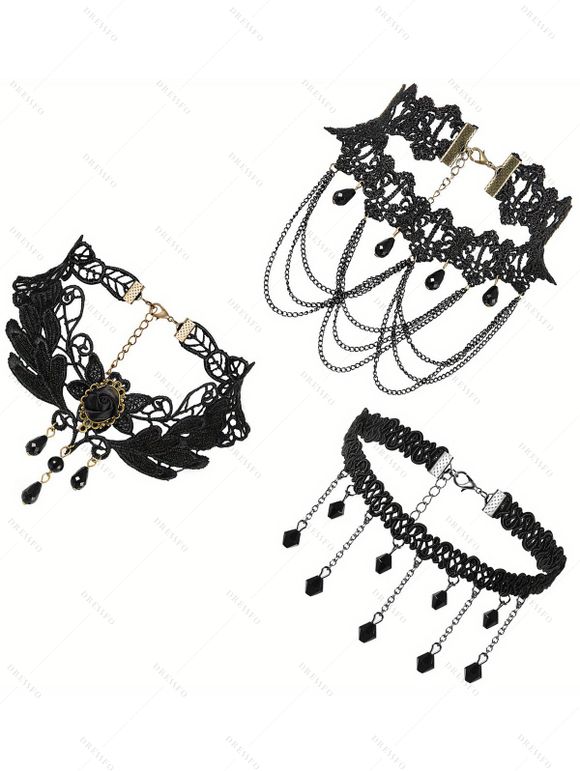 Collier ras du cou gothique en dentelle ajourée avec pierres artificielles - Noir 
