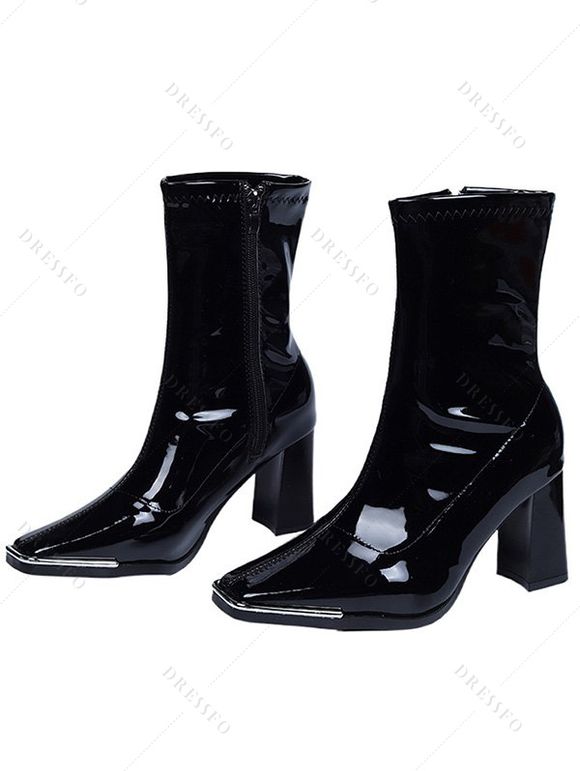 Solid Color Square Toe Chunky Heel Side Zipper Boots - Noir EU 40