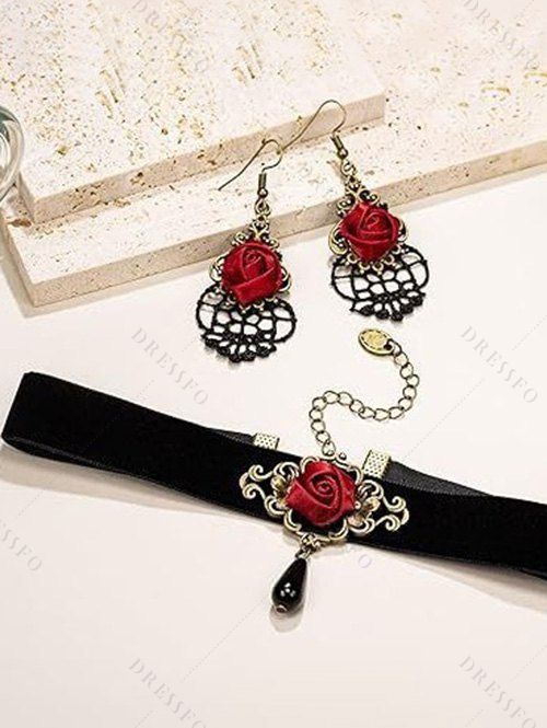 Ensemble de boucles d'oreilles rétro en dentelle ajourée avec ras du cou et rose gothique - Noir 