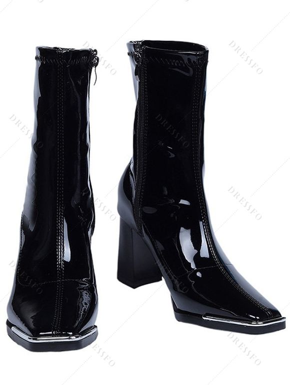 Solid Color Square Toe Chunky Heel Side Zipper Boots - Noir EU 37