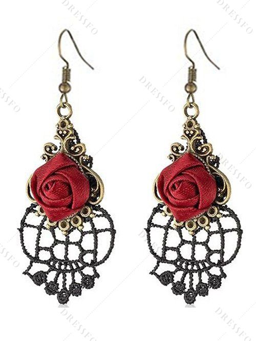 Ensemble de boucles d'oreilles rétro en dentelle ajourée avec ras du cou et rose gothique - Noir 