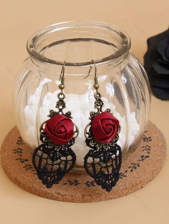 Ensemble de boucles d'oreilles rétro en dentelle ajourée avec ras du cou et rose gothique - Noir 