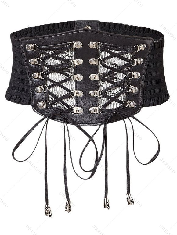 Ceinture gothique à lacets, large ceinture élastique de style punk - Noir 