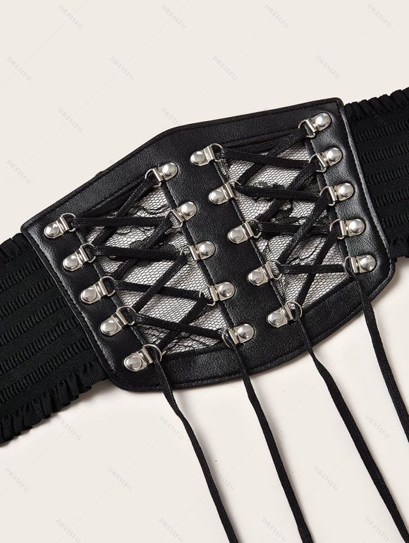 Ceinture gothique à lacets, large ceinture élastique de style punk - Noir 