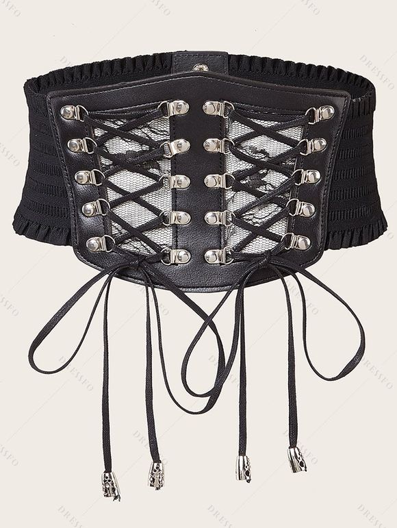Ceinture gothique à lacets, large ceinture élastique de style punk - Noir 