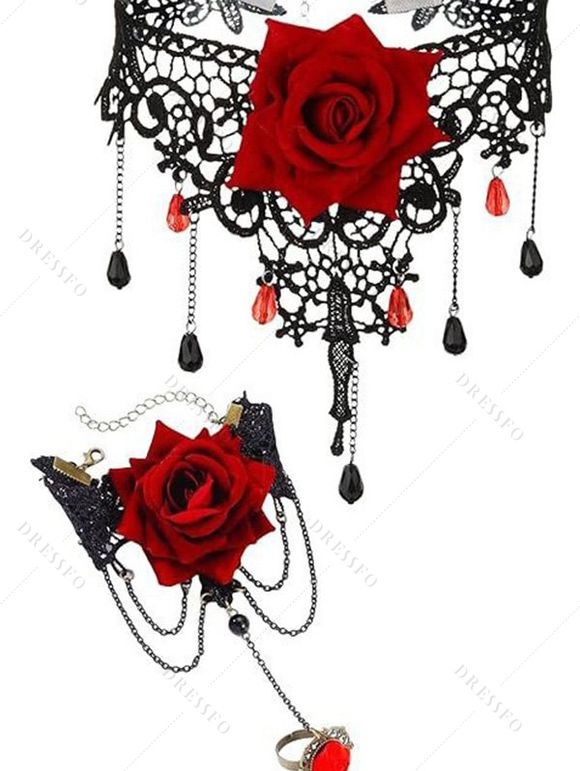 Ensemble ras du cou et bracelet gothique vintage en dentelle rose ajourée avec anneau - Noir 