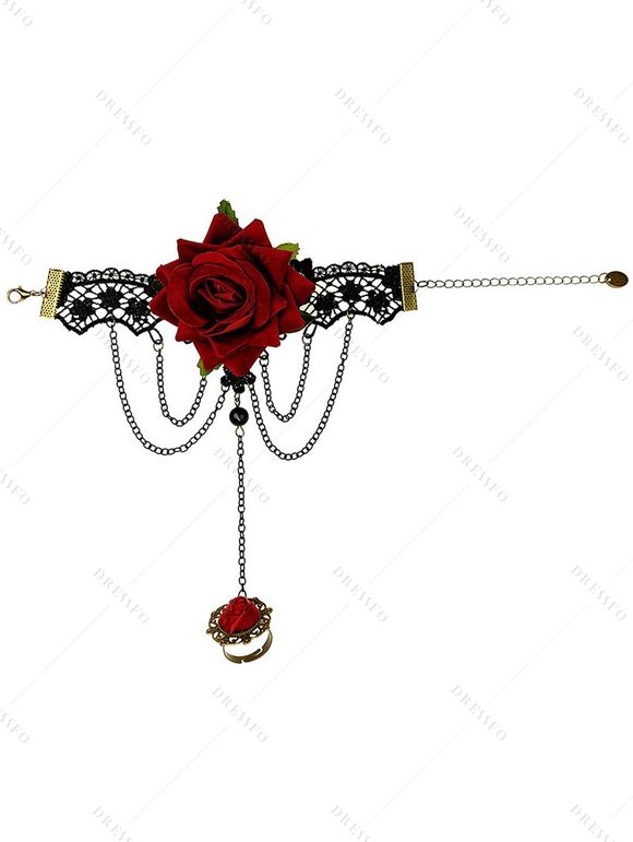 Ensemble ras du cou et bracelet gothique vintage en dentelle rose ajourée avec anneau - Noir 