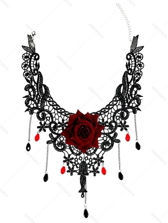 Ensemble ras du cou et bracelet gothique vintage en dentelle rose ajourée avec anneau - Noir 