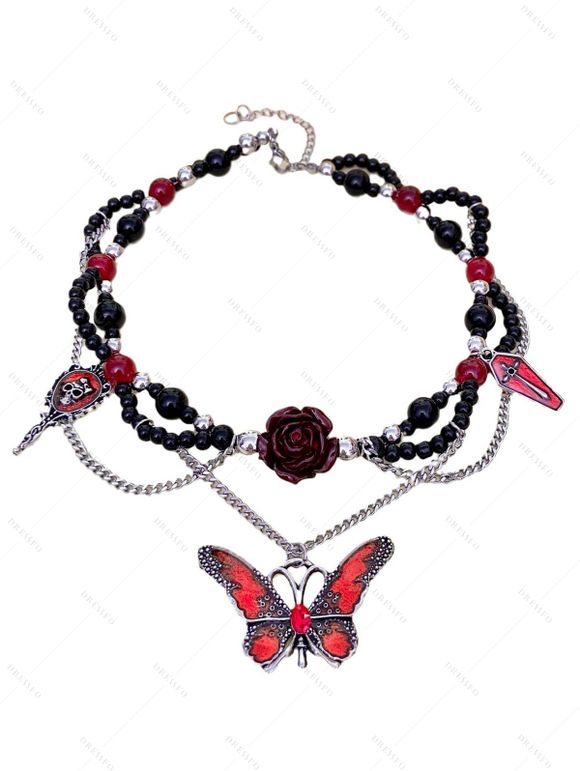 Collier gothique perlé avec pendentif en forme de croix, de papillon, de rose et de crâne, style punk, pour Halloween - Noir 