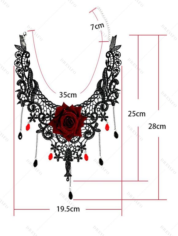 Ensemble ras du cou et bracelet gothique vintage en dentelle rose ajourée avec anneau - Noir 