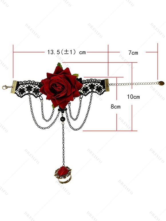 Ensemble ras du cou et bracelet gothique vintage en dentelle rose ajourée avec anneau - Noir 