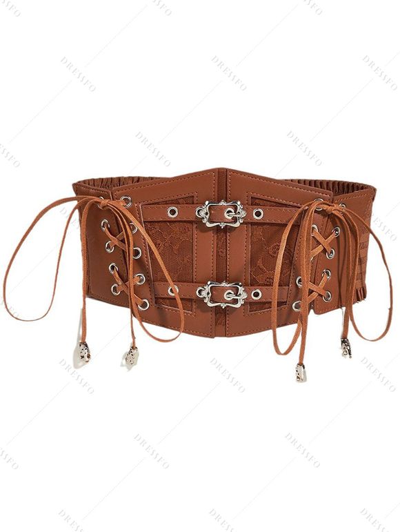 Ceinture large vintage à lacets avec panneau en dentelle et boucle - Brun 