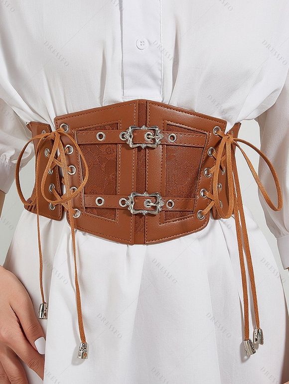 Ceinture large vintage à lacets avec panneau en dentelle et boucle - Brun 