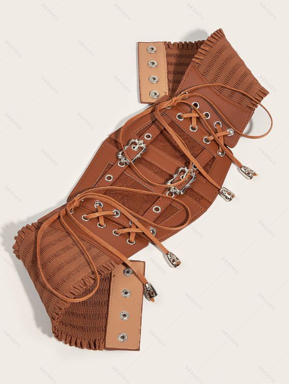 Ceinture large vintage à lacets avec panneau en dentelle et boucle - Brun 