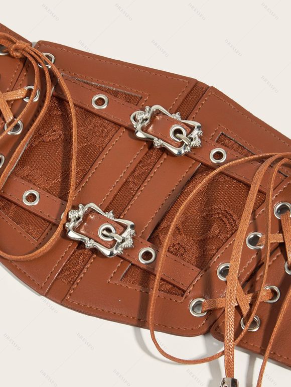 Ceinture large vintage à lacets avec panneau en dentelle et boucle - Brun 