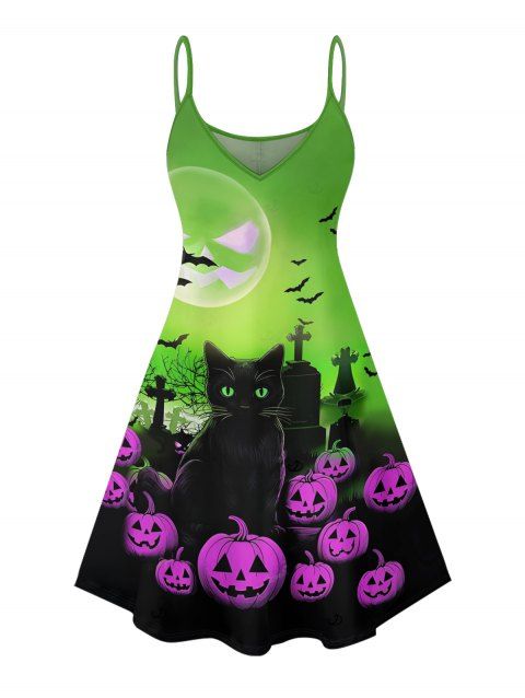 Robe d'Halloween à imprimé chat, citrouille et chauve-souris, mini-robe à bretelles spaghetti