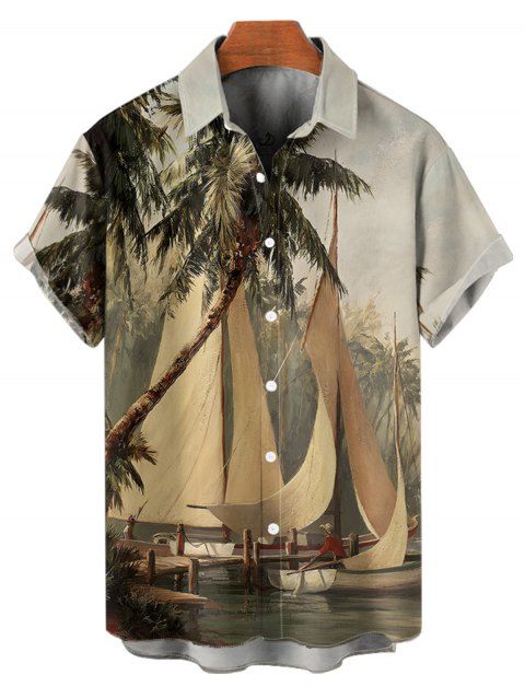 Chemise de vacances pour homme, boutonnée, imprimé cocotier et bateau