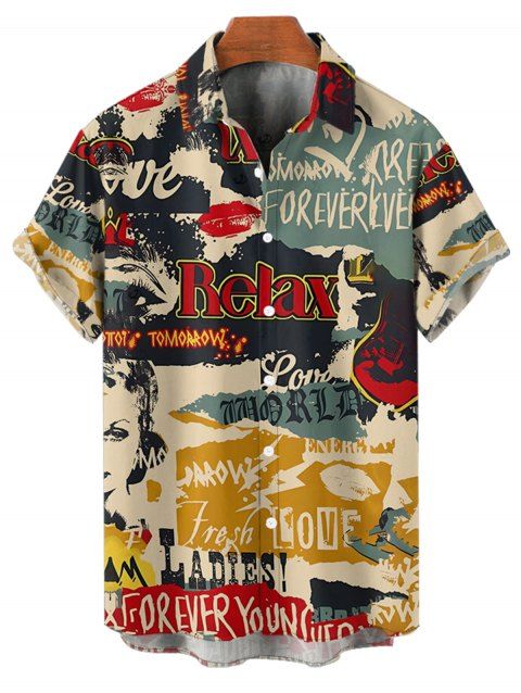 Chemise boutonnée vintage pour homme, imprimé lettres colorblock, style affiches