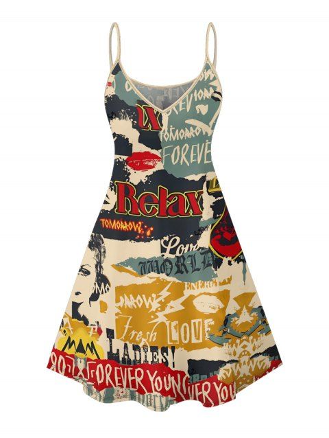 Robe vintage à imprimé mini-robe colorblock avec lettres et affiches