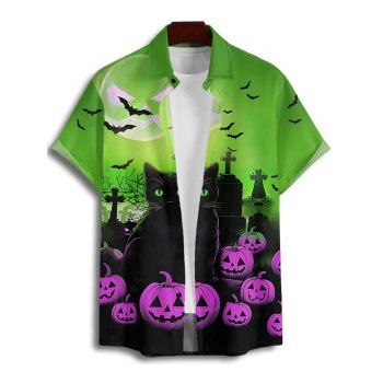 Men's Halloween Shirt Cat Pumpkin Bat Print Button Up Gothic Shirt