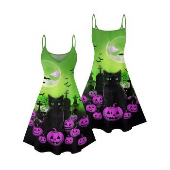 Cat Pumpkin Bat Print Halloween Dress Spaghetti Strap Mini Dress