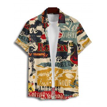 Men's Vintage Shirt Colorblock Letter Posters Style Print Button Up Shirt