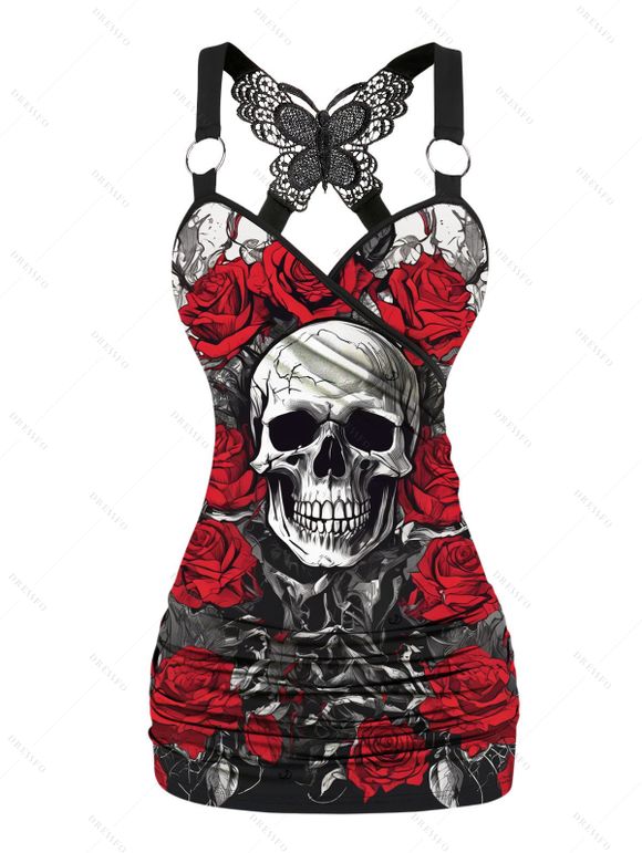 Débardeur gothique en dentelle avec motif tête de mort et papillon pour Halloween - Noir L | US 8-10